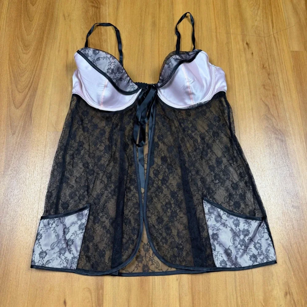 Victoria's Secret Black‎ Pink Lace Underwire Babydoll Chemise Lingerie 36D 03-15